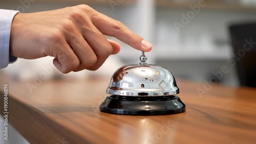 A close-up of a hand pressing a silver service bell on a wooden reception desk. The setting suggests a hotel or customer service environment.