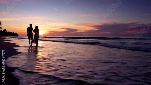 Romantic couple walking on a tropical beach at sunset, enjoying a beautiful evening together.
