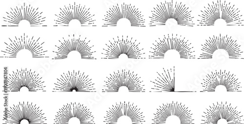 A grid of twenty black and white semi-circular radial line patterns, resembling sunbursts or abstract fans, on a white background.