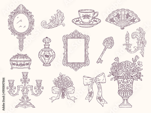 Set of Rococo decorative objects including mirror, perfume bottle, teacup, candelabra, clock, frame, ribbon, fan, jewelry box, vase, key, sconce, and bouquet. Hand-drawn vector, elegant and ornate
