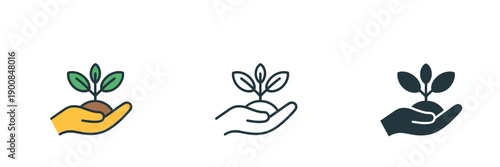 Three stages of a plant growing in a hand color outline silhouette