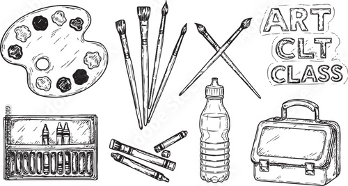 Hand-drawn sketch of various art class supplies including palette, brushes, crayons, water bottle, and art case.