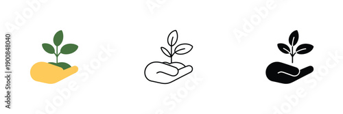 Three stylized plant sprouts in varying colors and outlines representing growth