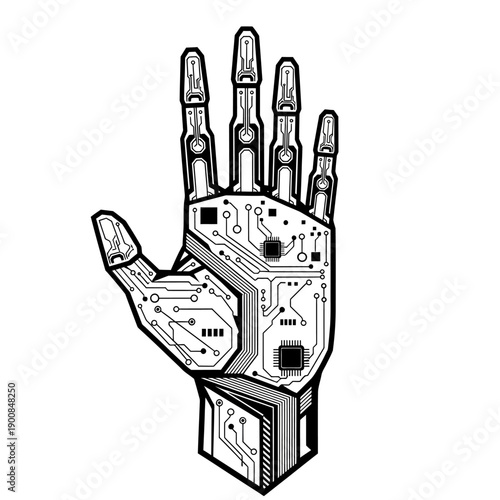Robotic hand with integrated circuit board, futuristic technology concept