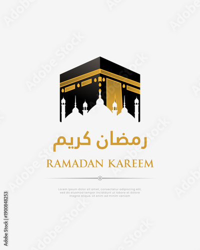 Premium Ramadan Kareem greeting with Kaaba illustration, white mosque silhouettes, and elegant gold typography.