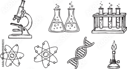 Hand-drawn collection of science laboratory equipment and scientific symbols, including microscope, beakers, test tubes, atoms, DNA, and Bunsen burner.