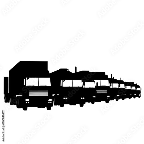 A row of trucks in silhouette against a white background