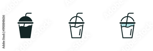 Three stylized beverage cups with lids and straws in varying fill levels