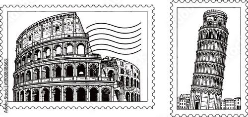 Black and white illustration of the ancient Roman Colosseum on a postage stamp with postmark lines, depicting a historical landmark.
