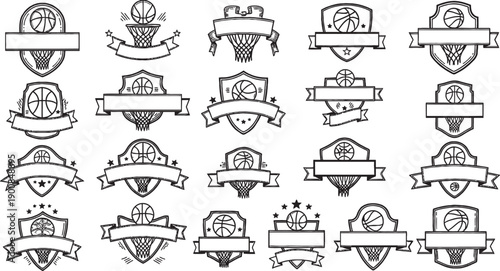 Collection of basketball emblem designs with shields, hoops, and banners, perfect for sports logos and team badges.