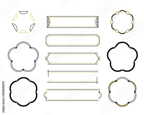 和風のモダンな線画フレームと幾何学デザイン素材セット。シンプルで上品な梅の花の飾り枠、ゴールドとブラックのミニマルなあしらい。年賀状、結婚式の招待状、メニューや高級感のあるバナー広告に最適なベクターイラスト。