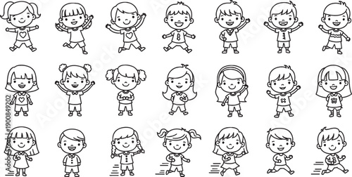 Black and white line art illustration of a large group of happy cartoon children, boys and girls, in various playful poses.