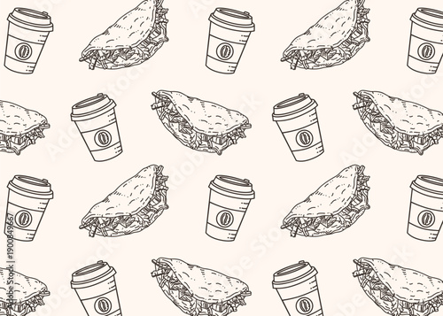 Mexican tacos and coffee seamless pattern hand drawn delicious fast food outline texture with meat corn tortilla and paper cup beverage for restaurant menu packaging and wrapping paper