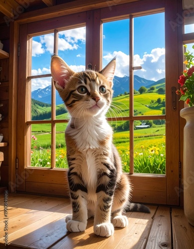 Chat devant la fenêtre de la maison.
