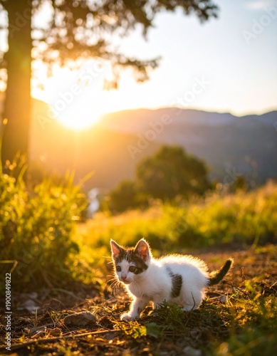 Chaton dans la nature avec un coucher de soleil