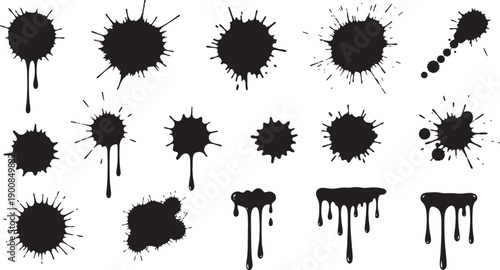 Collection of various black ink splatters, paint drips, and grunge splash effects.