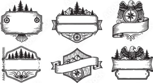 Six vintage hand-drawn outdoor adventure badges featuring trees, mountains, eagles, and compasses with blank banners for text.