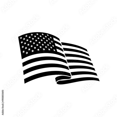 Waving American Flag Silhouette - Black and White