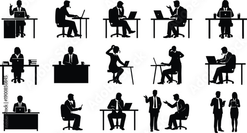 Office activity silhouette icon set, sixteen diverse workplace poses with laptops, phones, and documents, black vector illustration, business and communication theme, isolated on white background