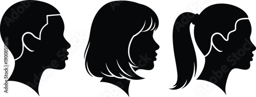 Profile silhouette icon set, three diverse hairstyles including cropped cut, bob haircut, and long ponytail, black vector illustration, fashion and identity theme, isolated on white background