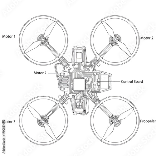 Detailed black‑and‑white drone component diagram illustrating motors, propellers, controlboard connections from an engineering perspective