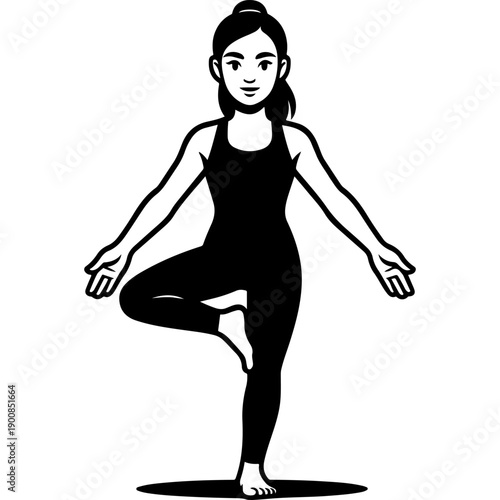 Graceful woman balancing in tree pose, one leg lifted, arms extended, bun hair, calm smile, black and white vector yoga silhouette, fitness logo