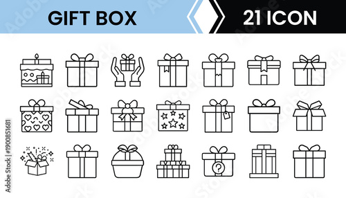 Present Outline Icon Set in Line Art Style for Celebration, Shopping and Interface Design