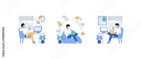 Office Break and Remote Work Vector Illustration Set