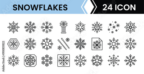 Outline Snowflake Icon Set 24 in Line Art Style for Winter, Christmas, and Digital Interface Design