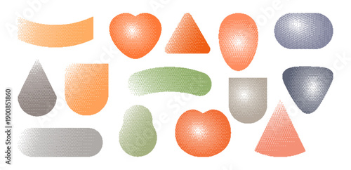 Colorful abstract shapes with halftone dots and soft gradients. Modern geometric forms in retro digital style, perfect for posters, web design, branding, covers, backgrounds, and creative layouts.