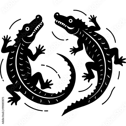 Toothy African crocodiles. Engraving minimalistic vector in black ink drawing on transparent background