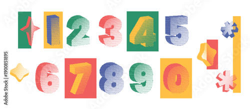 Colorful halftone numbers set from zero to nine with abstract shapes. Retro style graphic elements for design, poster, print, branding and decoration.