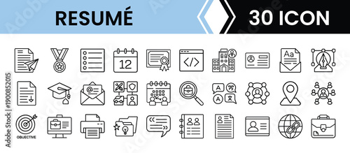 Outline Resume Icon Set in Line Art Style for CV, Job Application, Career Profile, Recruitment, and Digital Interface Design