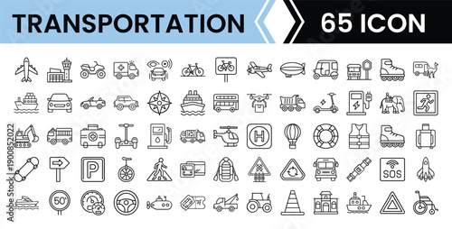Transportation Pack Line Art Icon Set with Outline Vehicle, Transport, and Travel Symbols for Web, App, and UI Design