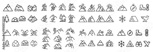 Outdoor adventure icons: hiking, skiing, camping