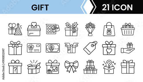 Gift 25 Pack Line Art Icon Set with Outline Present, Celebration, and Package Symbols for Web, App, and UI Design