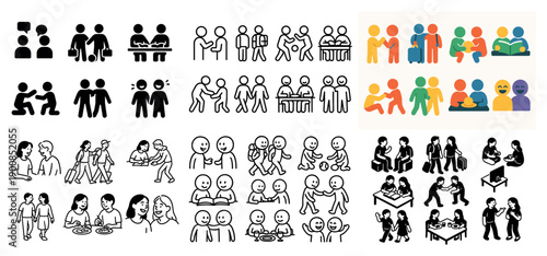 Diverse social interaction symbols in black and color