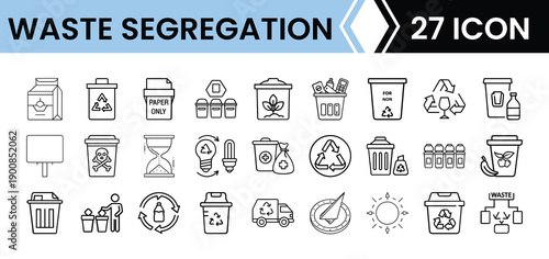 Waste Segregation Pack Line Art Icon Set with Outline Recycling, Trash, and Eco-Friendly Symbols for Web, App, and UI Design