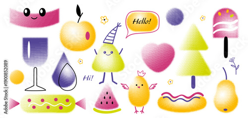 Cute abstract characters and shapes with halftone dots, pixel texture and soft gradients. Retro digital vector illustration with bitmap and dither effect, inspired by y2k, techno and vintage game 