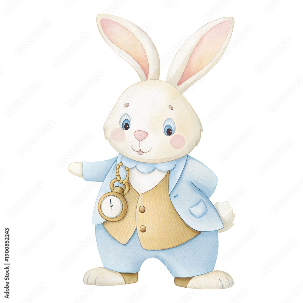 Fototapeta premium Watercolor illustration of the White Rabbit with pocket watch, Alice in Wonderland fairytale character isolated on white.