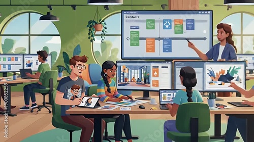 Diverse creative team collaborating on digital design in modern office