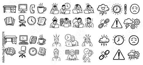 Hand-drawn stress and office work doodles