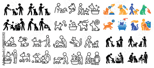 Black and white pet care icons and illustrations