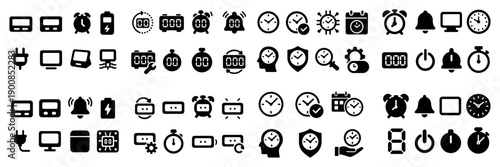 Diverse clock and timer icon set in black and white