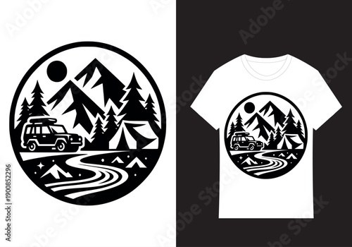 Adventure and Exploration in the Wilderness: A captivating graphic design showcases the essence of outdoor adventure. It has the off road car, tent, mountains, and trees.