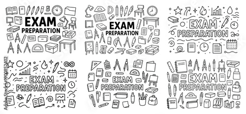 Exam preparation doodle set with study supplies