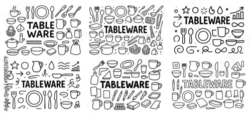 Set of hand-drawn tableware icons and patterns