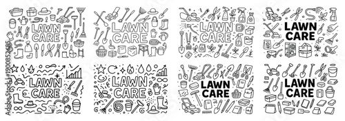 Lawn care tools and icons set, black and white