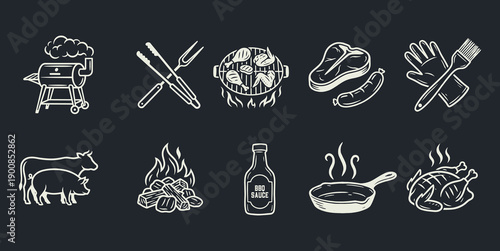 Barbecue and Grilling Vector Icons Set: Smoker, Steak, Sauce, Tools, and Meat Engraving Collection