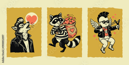 Cool Valentines Day Illustration Set: Greaser Wolf, Bandit Raccoon, and Punk Rock Cupid
